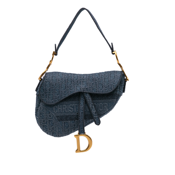 Pre-Loved Dior Oblique Denim Embroidered Saddle Bag - Picture 1 of 10